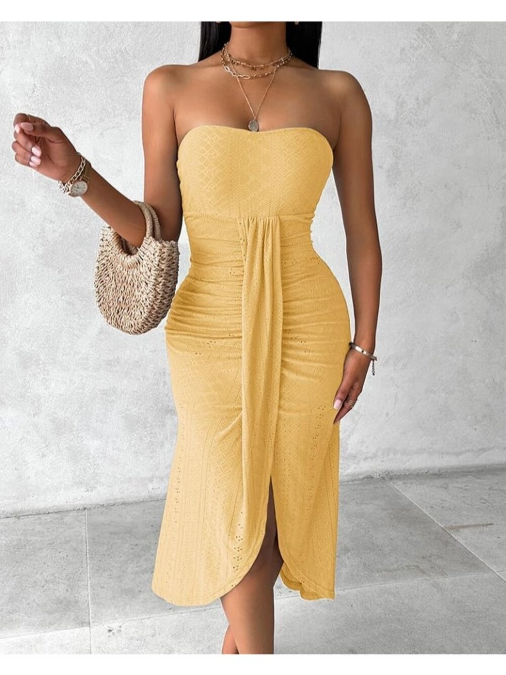 Women's Yellow Polyester Elastane Strapless Asymmetrical Beach Maxi Long Dress - Picture 4 of 6